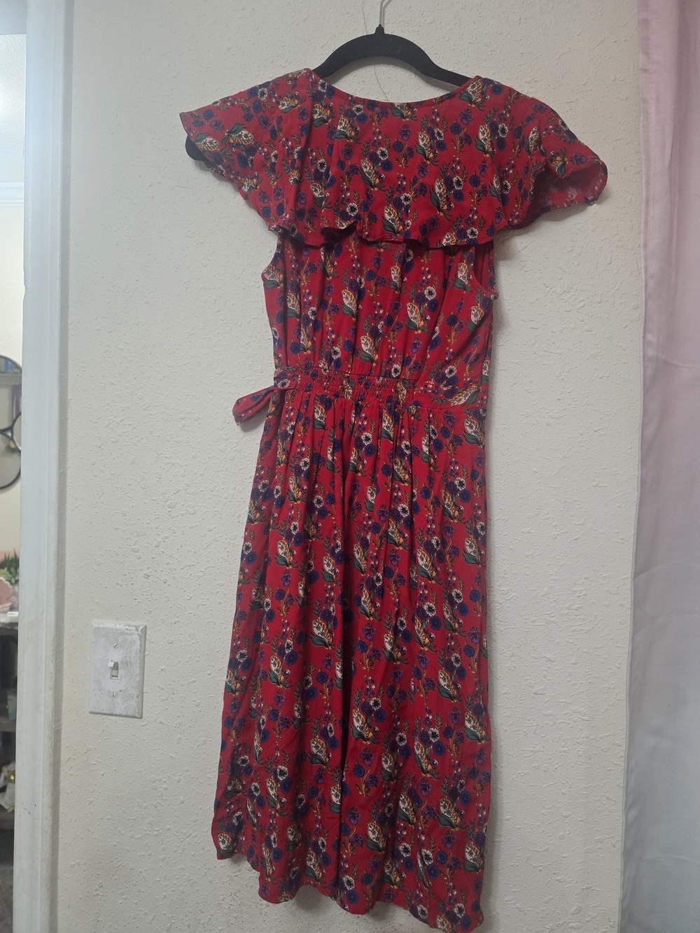 Red Floral Ruffle Wrap Mini Dress - Picture 3 of 8